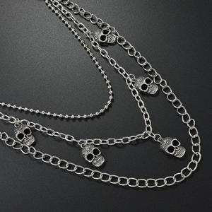 Multi-layer punk skull pants chain and necklace with silver metal layers in gothic style