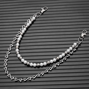 Chaîne de taille hip hop double couche avec perles blanches et pointes argentées