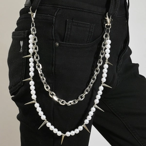 Double Layer Silver Trouser Chain With Faux Artificial Pearl Alloy Iron Spiky Rivets Hip Hop Punk Style Belt Chain For Men Women