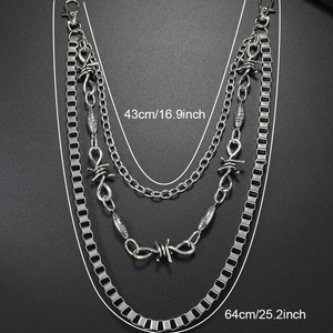 Three-layer silver punk wallet chain with barbed wire and box links, 43cm to 64cm length