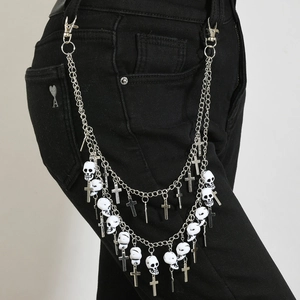 Punk Gothic Multi-Layer Waist Chain Silver Alloy Skull Cross Pendant Trousers Jean Chain Belt Jewelry For Men Women Halloween