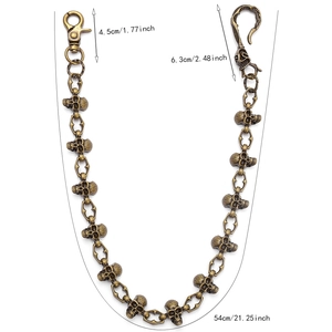 Vintage bronze skull wallet chain for bikers with lobster clasp and hook 54cm