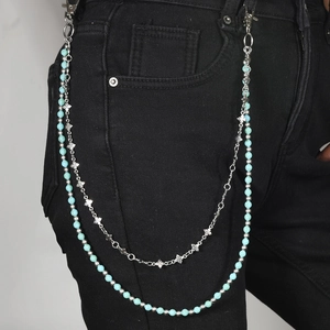 Chaîne de Taille Multicouche Vintage Punk pour Hommes Femmes Alliage Argent Pendentif Croix Perles Bleues Chaîne de Pantalon Jeans