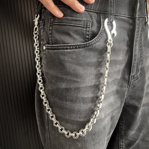 Punk style silver hex nut waist chain with creative wrench hook for denim jeans