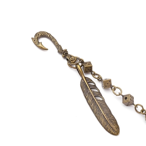 Retro bronze wallet chain with feather pendant and hollow dice charms for punk style