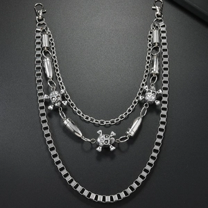 Punk Hip Hop Multi Layer Metal Waist Chain With Skull Bullet Pendant Silver Jeans Decorative Trouser Chain Accessory