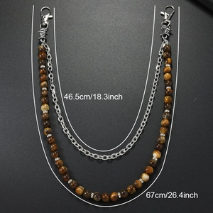 Double-layer punk hip-hop waist chain with metallic links and brown tiger eye beaded strands