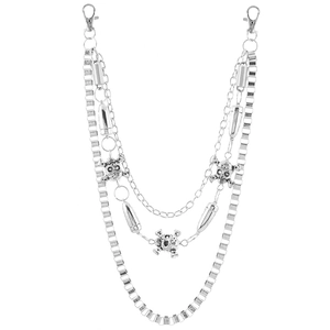 Punk multilayer silver metal pants chain with skull charms and bullet pendants
