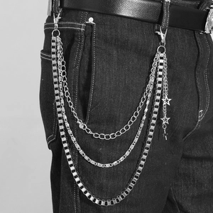 Punk silver multi-layered metal pant chain with star pendant on black denim jeans