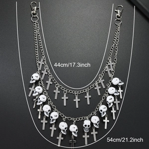 Double-layer gothic hip-hop waist chain with white skulls and silver metal crosses