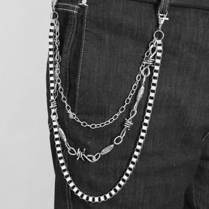 Punk multilayer silver metal pant chain with thorns and beads on black denim jeans