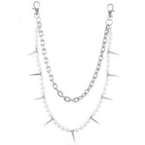 Double-layered punk waist chain featuring silver links, faux pearls and metal spikes