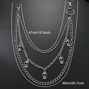 Punk multilayer silver metal pants chain with skull charms, 47cm and 68cm lengths