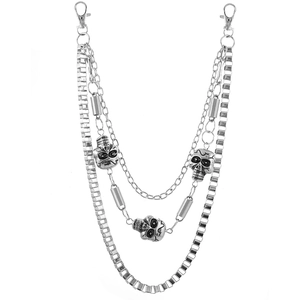 Three-layer punk hip hop wallet chain with skull pendants and metallic spring details