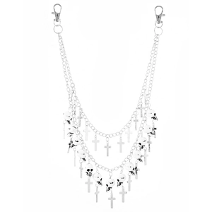 Punk multi-layered silver waist chain with skull and cross charms for trousers