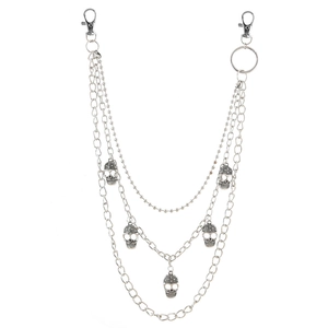 Punk multi-layer silver hip-hop waist chain with metal skull pendants and lobster clasp