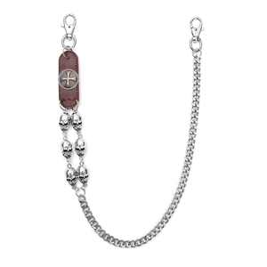 Punk style skull trouser chain with brown leather accents and silver-tone cross buckle