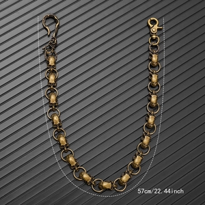 Retro punk skull wallet chain in brass finish with hooks, length 57cm for hip-hop style