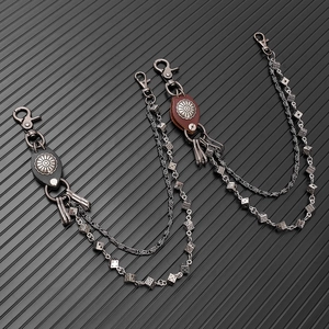 Punk hip hop double-layer wallet chain with metal dice charms and leather sunflowers