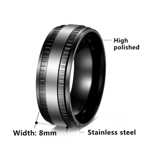 Men's 8mm two-tone stainless steel ring with brushed texture and black gear-cut edges