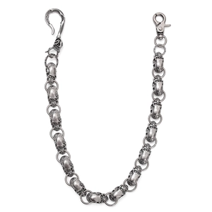 Retro punk skull wallet chain in antique silver finish with metal lobster clasps