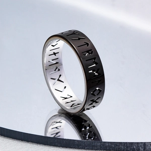 Nordic Viking rune ring in black and silver stainless steel with mirror reflection