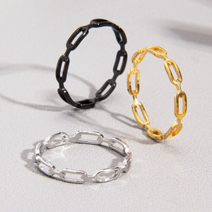 Minimalist titanium steel hollow chain rings in black, gold, and silver finishes