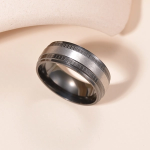 Men's fashion steel gear ring with silver brushed finish and black striped edges