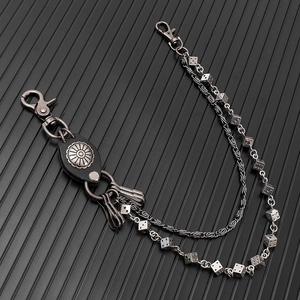 Punk hip hop double metal pants chain with dice charms and leather sunflower rivet detail
