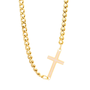 Classic gold sideways cross pendant necklace with modern curb chain for men and women