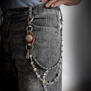 Punk style double layer pants chain with dice pendant and brown leather keychain