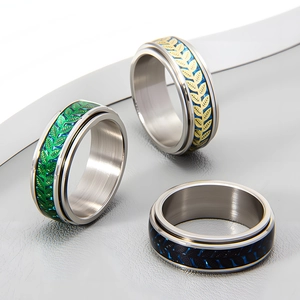 Rotating stainless steel fidget ring set with leaf pattern and carbon fiber inlay textures