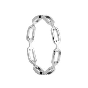Detailed close-up of a silver-tone hollow chain link ring made of polished steel