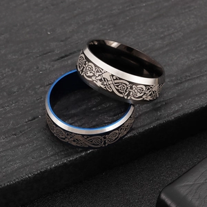Men's titanium steel rings with Celtic dragon pattern and blue inlay on dark stone