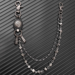 Punk Hip Hop Double Layer Pants Chain With Dice Charms Genuine Leather Sunflower Concho Alloy Metal Waist Chain For Jeans