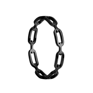 Detailed macro view of black chain link ring with hollow oval loops and polished finish