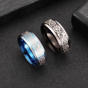 Men's titanium steel dragon pattern ring set in blue and black finish with Celtic engraving