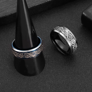 Celtic dragon pattern titanium steel rings in black and blue finishes for men