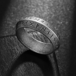 Vintage Viking runes titanium steel ring for men with antique silver finish and matte texture