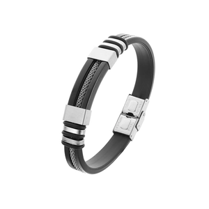 Modern black silicone and stainless steel bracelet with triple-row metal chain inlay