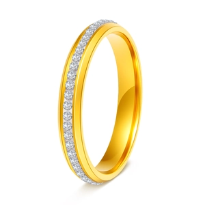 Elegant 3mm gold-toned stainless steel band ring with classic paved crystals for women