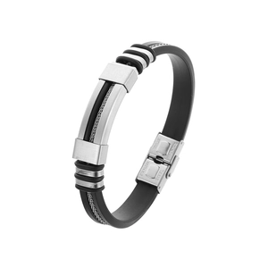 Detail showing the stainless steel fold-over clasp and black silicone strap on men's bracelet