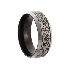 Mens stainless steel ring with black Celtic dragon pattern and silver bevelled edges