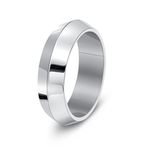 Detailed view of punk style stainless steel ring with geometric faceted beveled edges