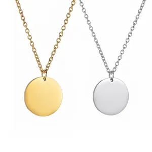 Minimalist stainless steel round pendant necklace in polished gold and silver finishes