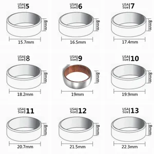 Guide des tailles de bagues homme en titane et bois de 8 mm, tailles US 5 à 13 incluses