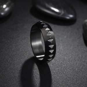 Men's punk style black titanium steel ring with geometric triangle engravings