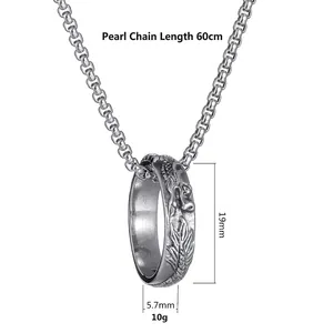 Titanium steel dragon ring pendant on 60cm box chain with detailed scales engraving