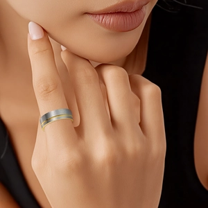 Men's 8mm brushed stainless steel ring with gold-plated grooved center and inner band