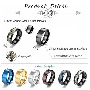 8pcs 8mm titanium steel ring set for men featuring colorful bands and dragon patterns